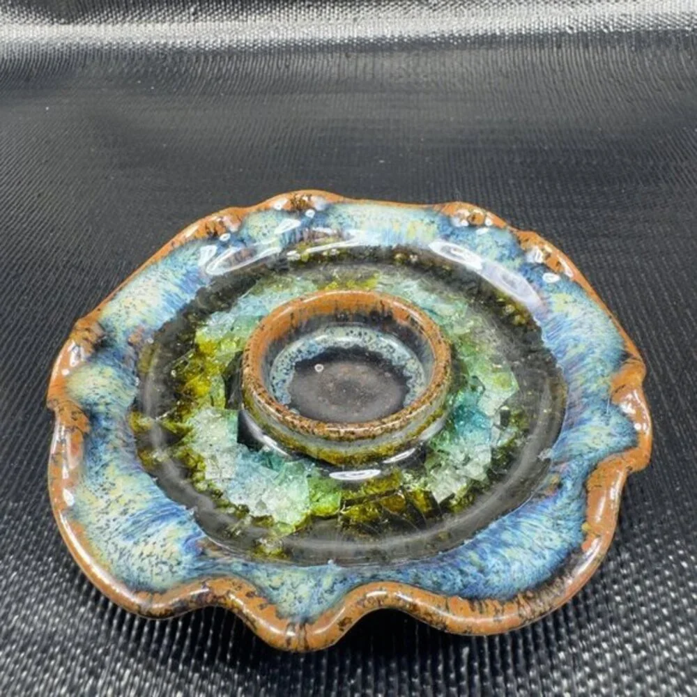 Crystalline Glaze Pottery Ruffle Edge Trinket Dish Tea Light‎ Holder Votive USA